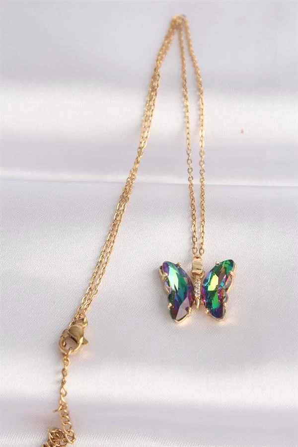 316l Çelik Zincir Altın Renk Zincir Yeşil Kelebek Model Renkli Zirkon Taşlı Kolye
