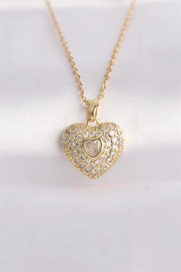316l Çelik Zincir Altın Renk Zirkon Taşlı Kalp Kolye