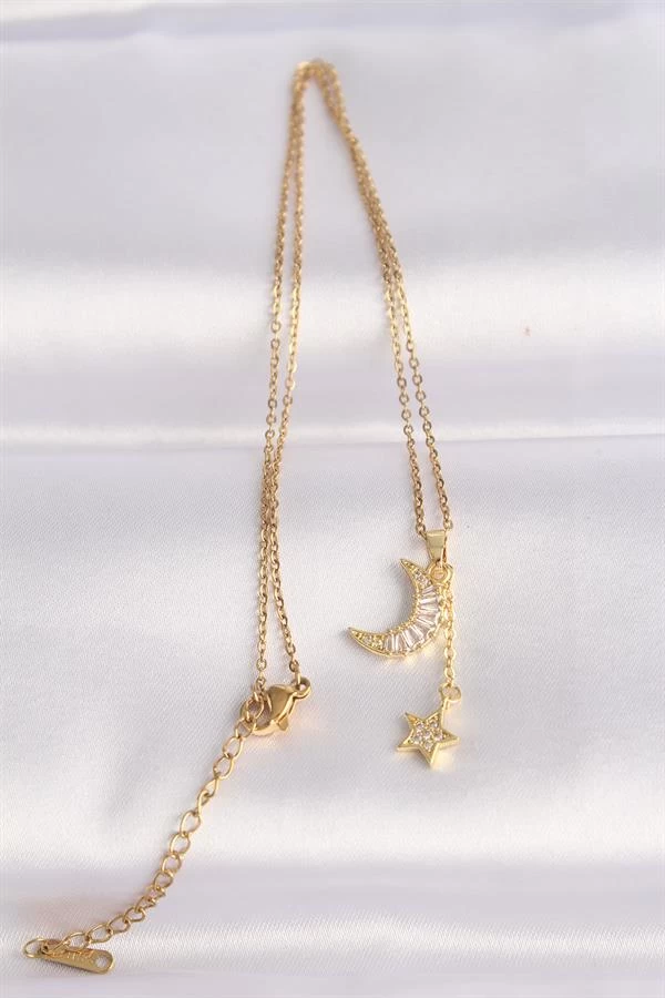 316l Çelik Zincir Altın Renk Zirkon Taşlı Ay Yıldız Kolye
