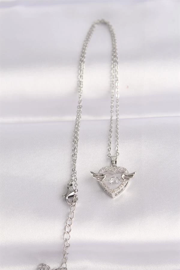 316l Çelik Zincir Gümüş Renk Zirkon Taşlı Kanatlı Kalp Kolye