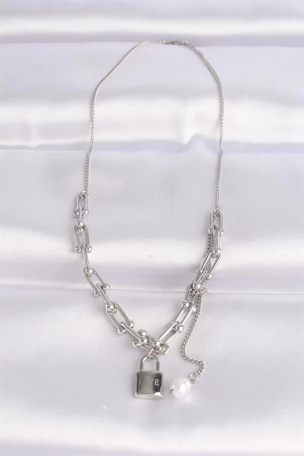 316l Çelik Zincir Gümüş Renk Tiffany Zincirli Love Yazılı Kilit Kolye