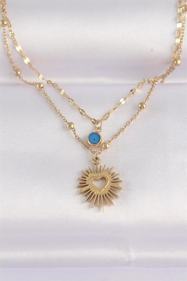 316l Çelik Zincir Altın Renk Nazar Boncuk Detay Kalp Güneşi Kolye