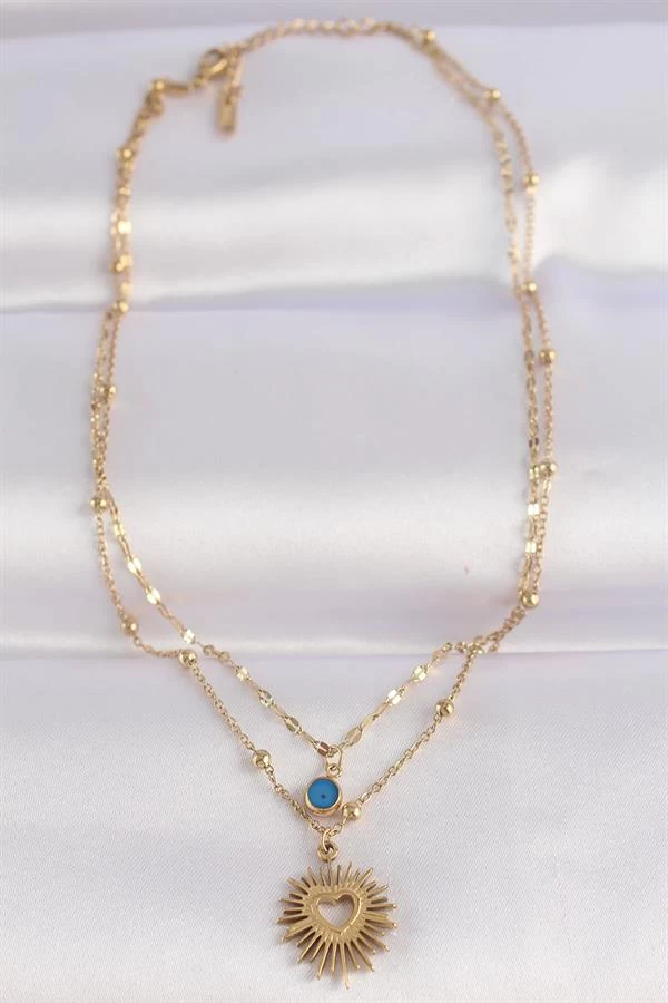 316l Çelik Zincir Altın Renk Nazar Boncuk Detay Kalp Güneşi Kolye