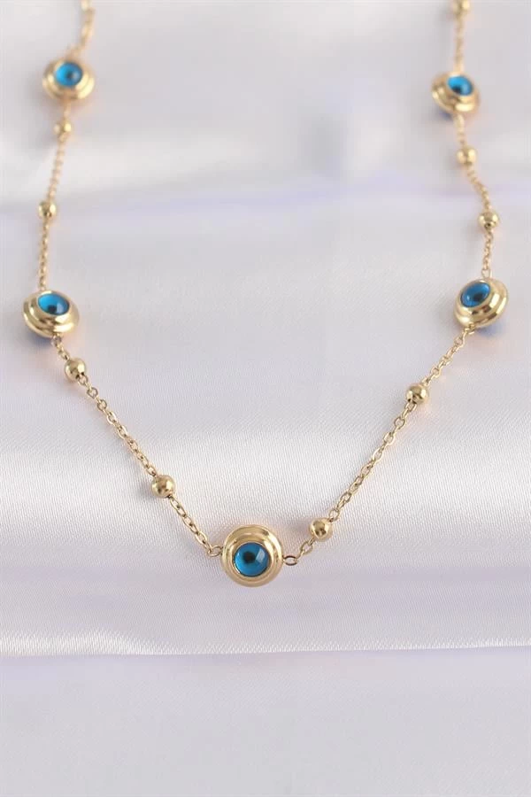 316l Çelik Zincir Altın Renk Nazar Boncuklu Kolye