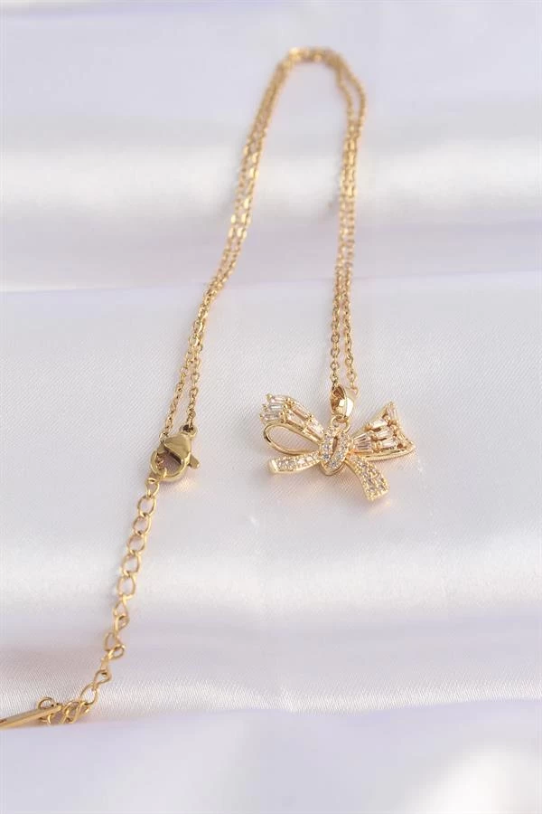 316l Çelik Zincir Altın Renk Zirkon Taşlı Fiyonk Kolye