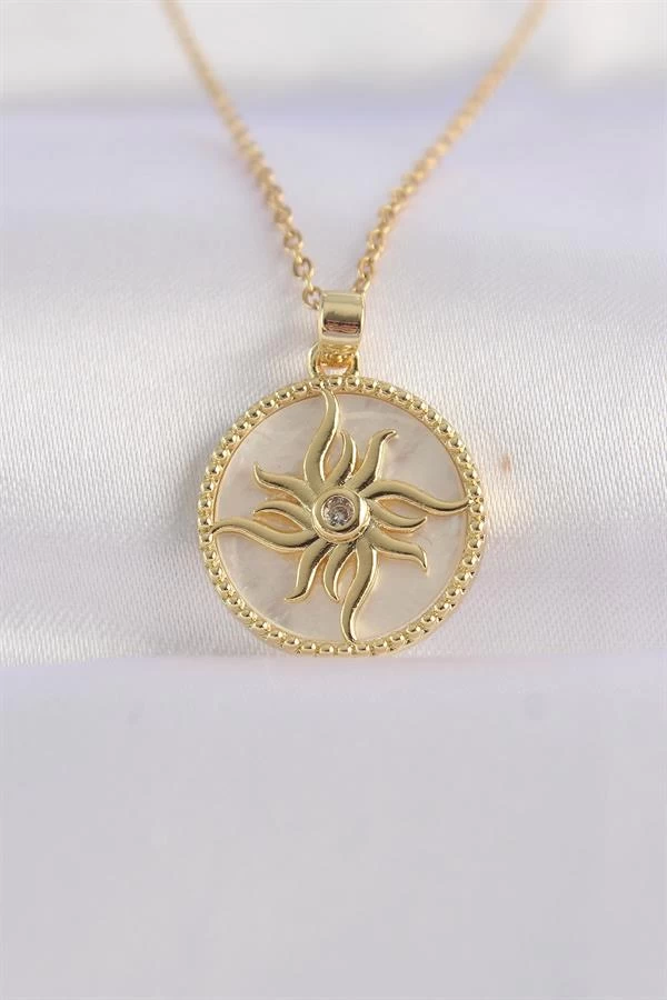 316l Çelik Zincir Altın Renk Zirkon Taşlı Oval Tasarım Güneş Kolye