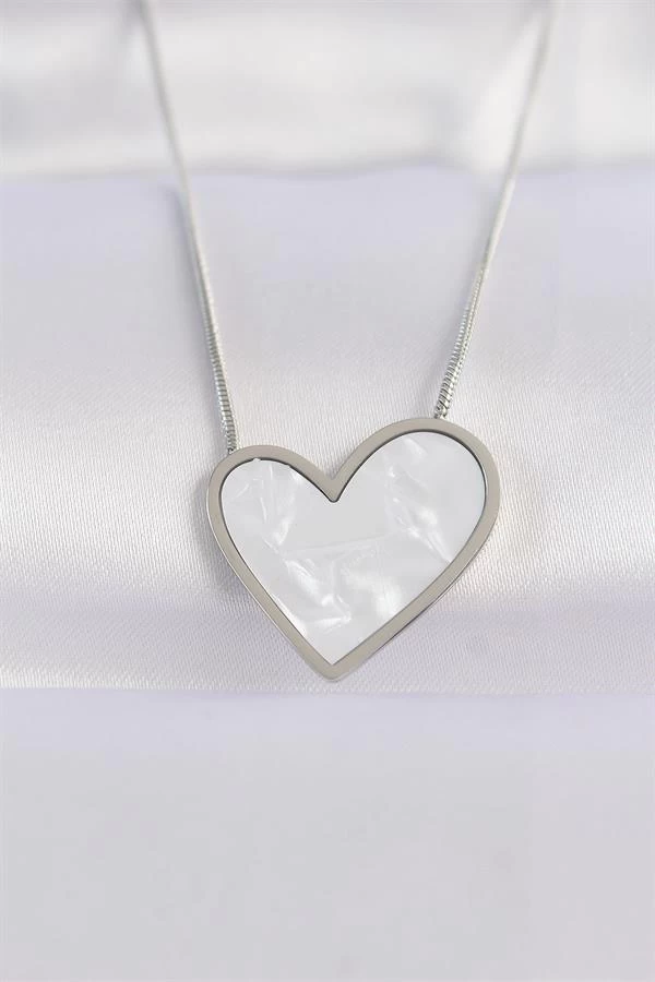 316l Çelik Zincir Gümüş Renk Mermer Desenli Kalp Kolye