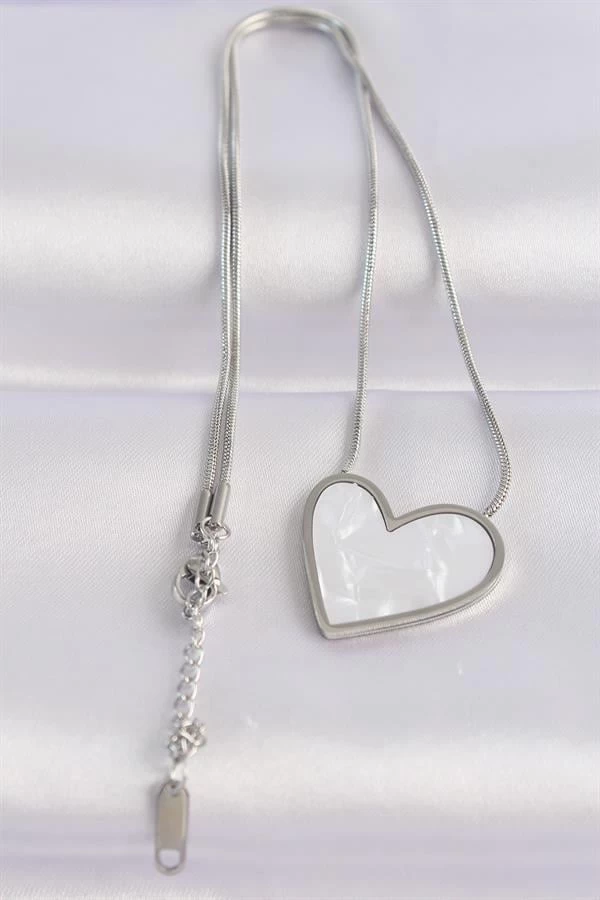 316l Çelik Zincir Gümüş Renk Mermer Desenli Kalp Kolye