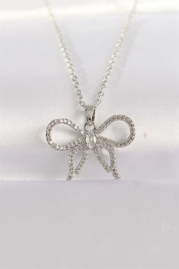 316l Çelik Zincir Gümüş Renk Zirkon Taşlı Fiyonk Kolye