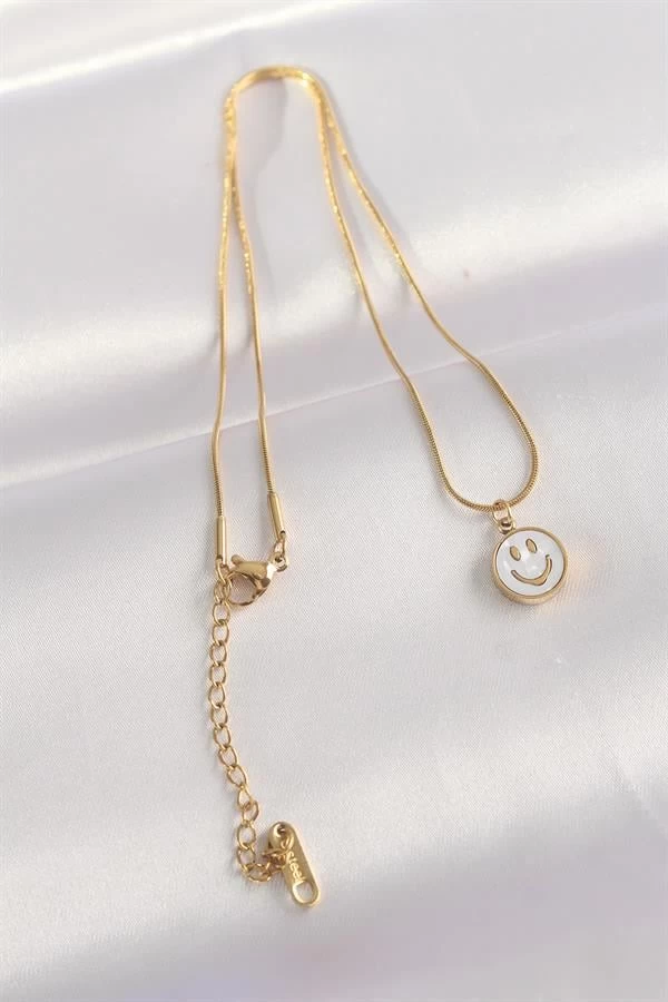 316l Çelik Zincir Altın Renk Mermer Desenli Minimal Smile Kolye