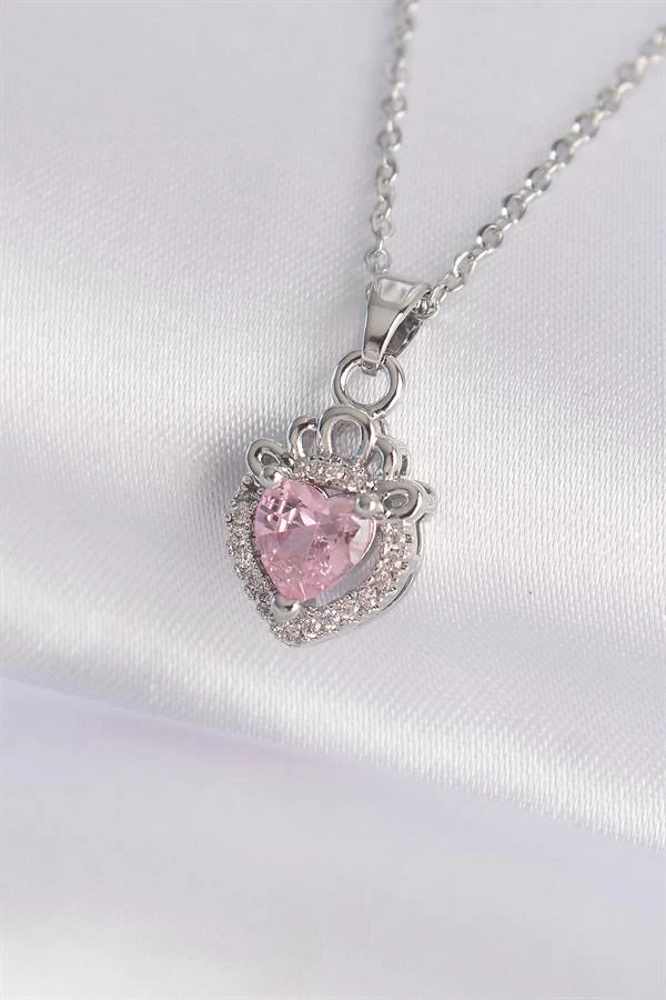 316l Çelik Zincir Gümüş Renk Pembe Zirkon Taşlı Rapunzel Kolye