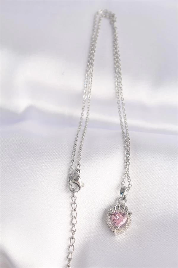 316l Çelik Zincir Gümüş Renk Pembe Zirkon Taşlı Rapunzel Kolye