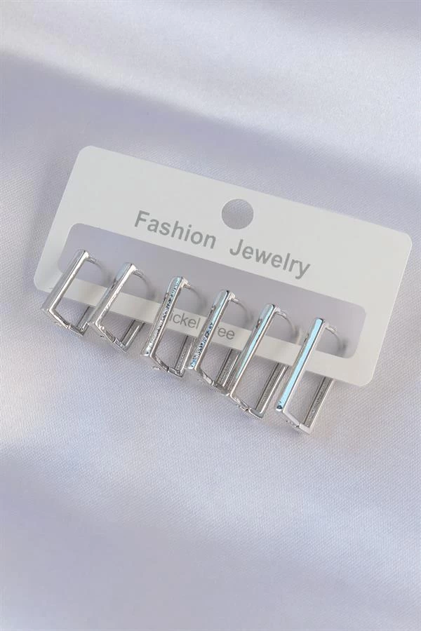 Pirinç Gümüş Renk Dikdörtgen Model Küpe Seti