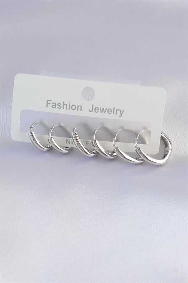 Pirinç Gümüş Renk Oval Küpe Seti