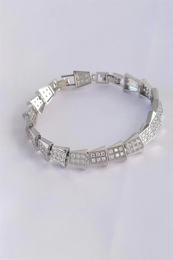 Vip Seri Pirinç Zirkon Taşlı Gümüş Renk Geometrik Bileklik