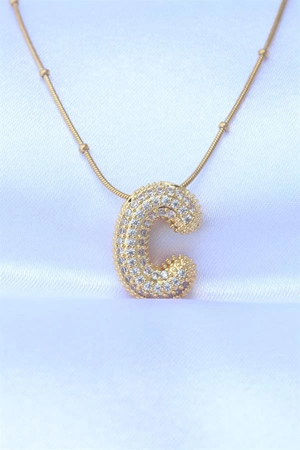 316l Çelik Zincirli Zirkon Taşlı C Harfli Gold Renk Bubble Kolye