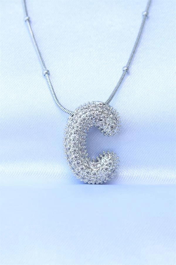 316l Çelik Zincirli Zirkon Taşlı C Harfli Gümüş Renk Bubble Kolye