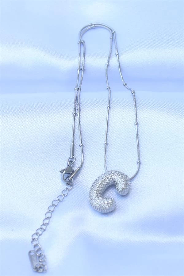 316l Çelik Zincirli Zirkon Taşlı C Harfli Gümüş Renk Bubble Kolye