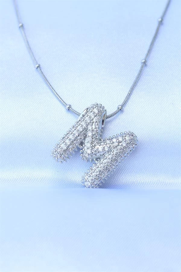 316l Çelik Zincirli Zirkon Taşlı M Harfli Gümüş Renk Bubble Kolye