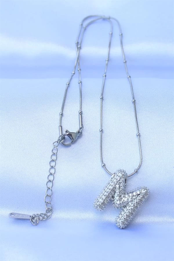 316l Çelik Zincirli Zirkon Taşlı M Harfli Gümüş Renk Bubble Kolye