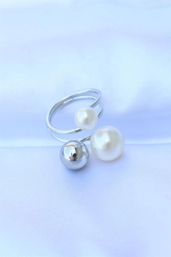 Pirinç Gümüş Renk Ayarlanabilir İnci Taşlı Yüzük