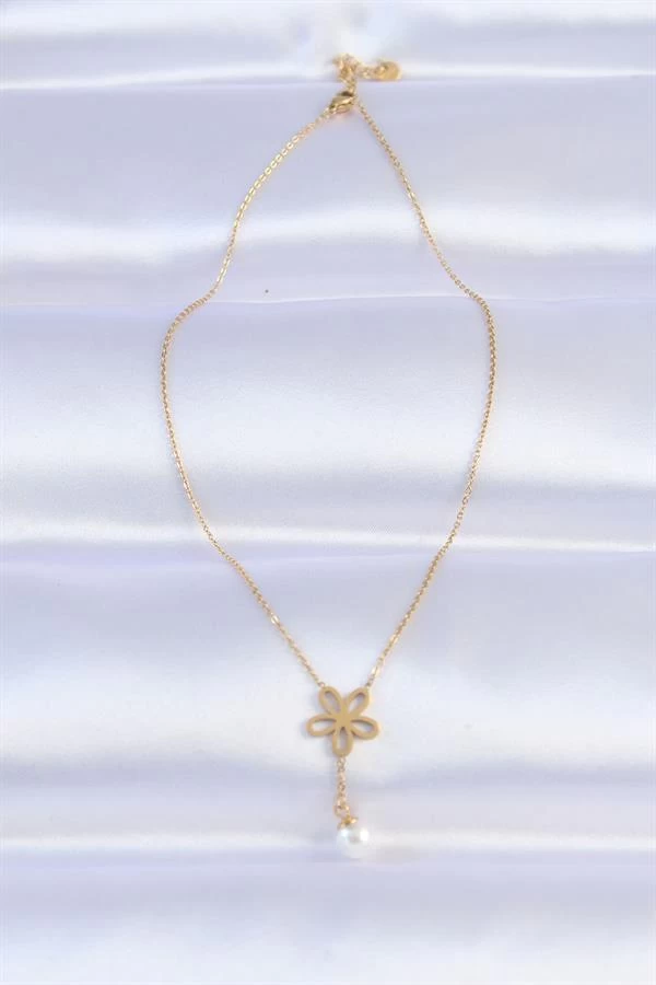316l Çelik Zincir Gold Renk İnci Detay Çiçek Kolye