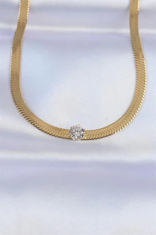 316l Çelik Gold Renk Tek Zirkon Taşlı İtalyan Zincir Kolye