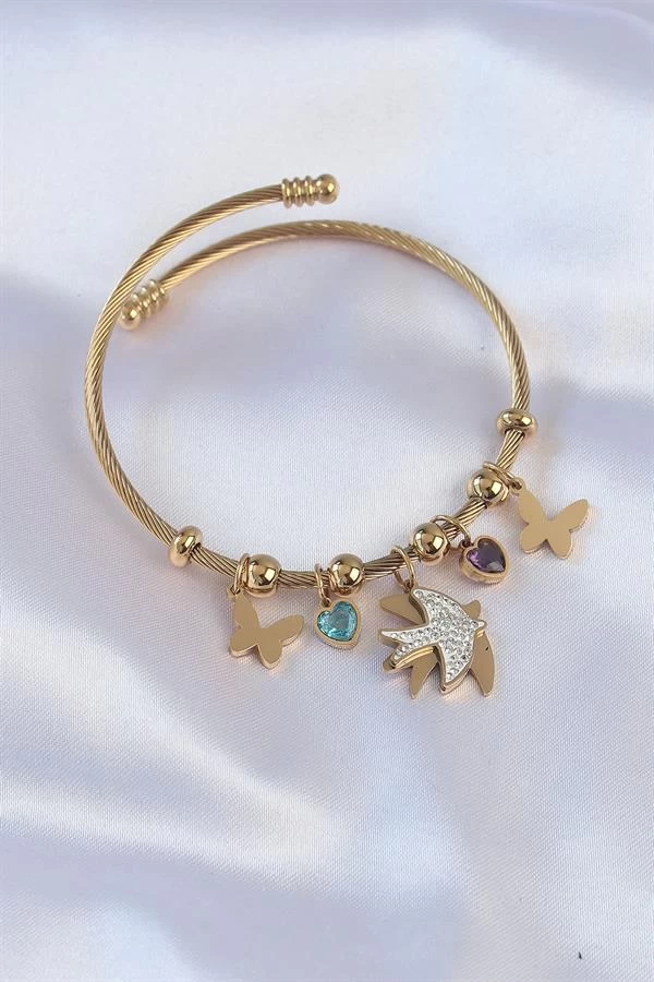 316l Çelik Gold Renk Zirkon Taşlı Minimal Kalp Detay Kelebek Charm Bileklik