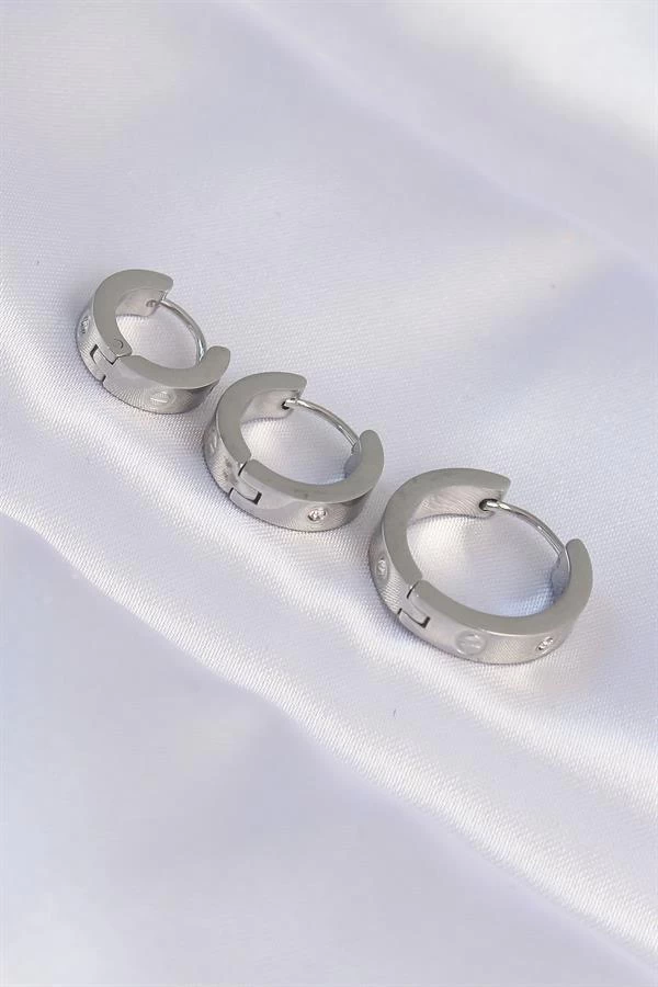 316l Çelik Gümüş Renk Zirkon Taşlı Model 3lü Halka Küpe