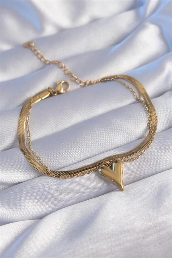 316l Çelik Gold Renk İtalyan Zincirli Kalp Model Bileklik