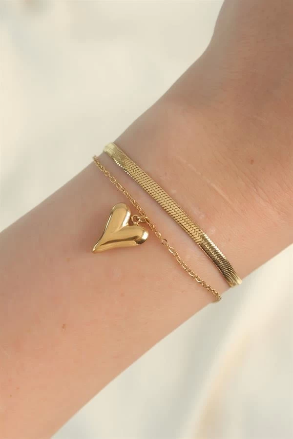 316l Çelik Gold Renk İtalyan Zincirli Kalp Model Bileklik