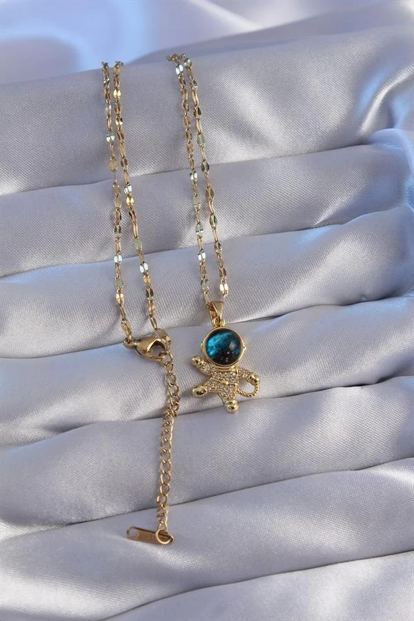 316l Çelik Zincir Gold Renk Zirkon Taşlı Astronot Figürlü Gezegen Kolye