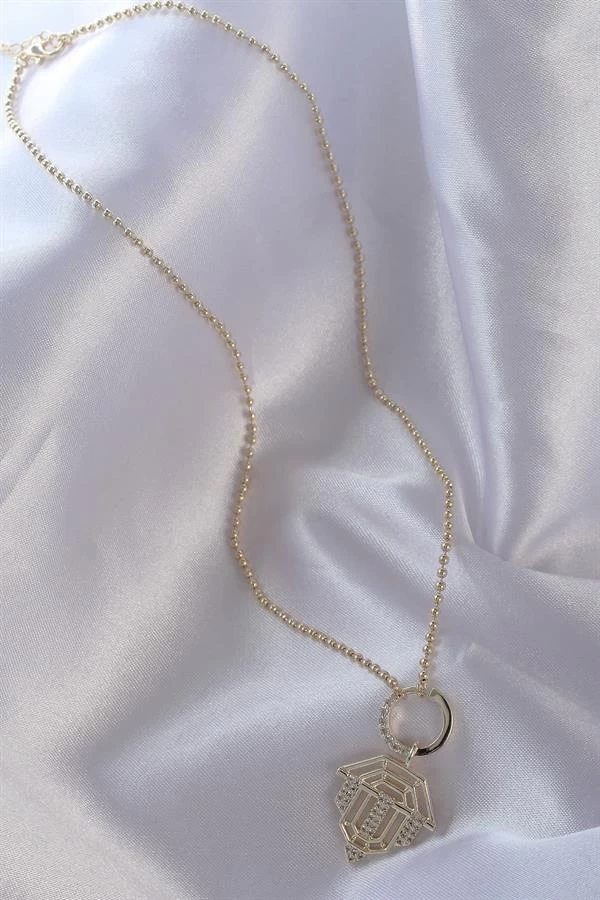 Pirinç Zirkon Taşlı Gold Renk Oval Detaylı Serenay Kolyesi
