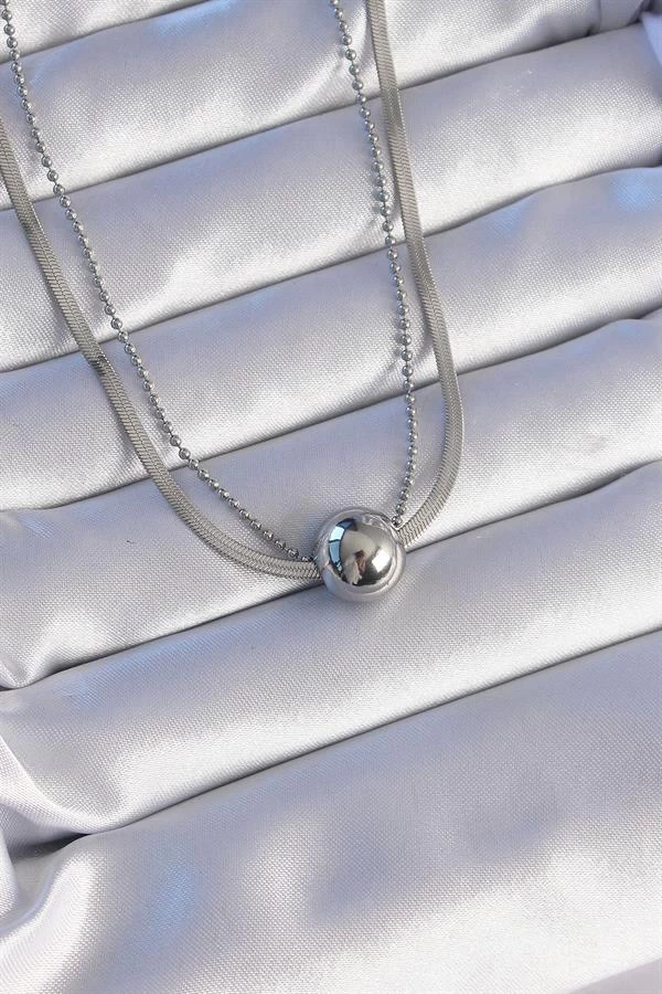 316l Çelik Çift Zincirli Gümüş Renk Topçuk İtalyan Model Kolye