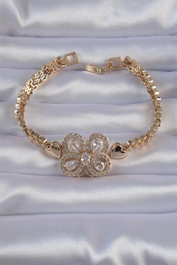 Pirinç Gold Renk Zirkon Taşlı Kelebek Figürlü Parçalı Model Bileklik