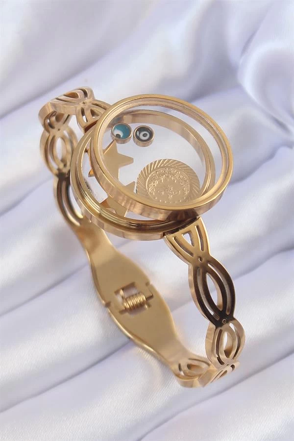 316l Çelik Altın Renk İçi Nazar Boncuk Ve Yıldız Figürlü Açılabilir Fanus Kelepçe