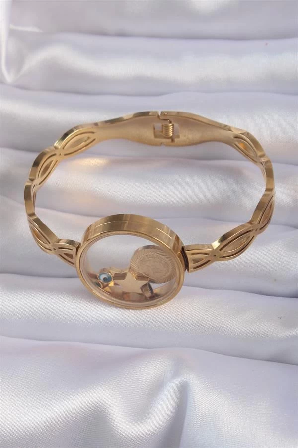 316l Çelik Altın Renk İçi Nazar Boncuk Ve Yıldız Figürlü Açılabilir Fanus Kelepçe