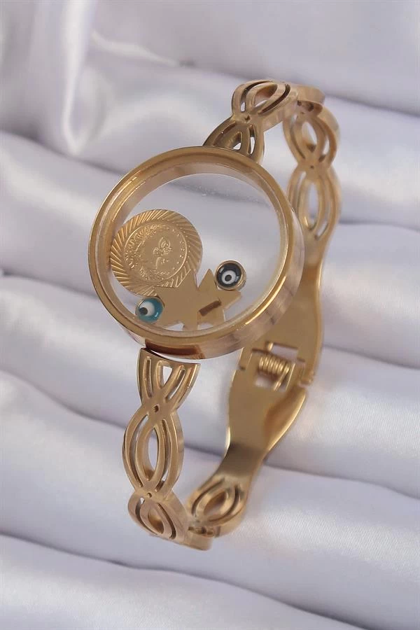 316l Çelik Altın Renk İçi Nazar Boncuk Ve Yıldız Figürlü Açılabilir Fanus Kelepçe