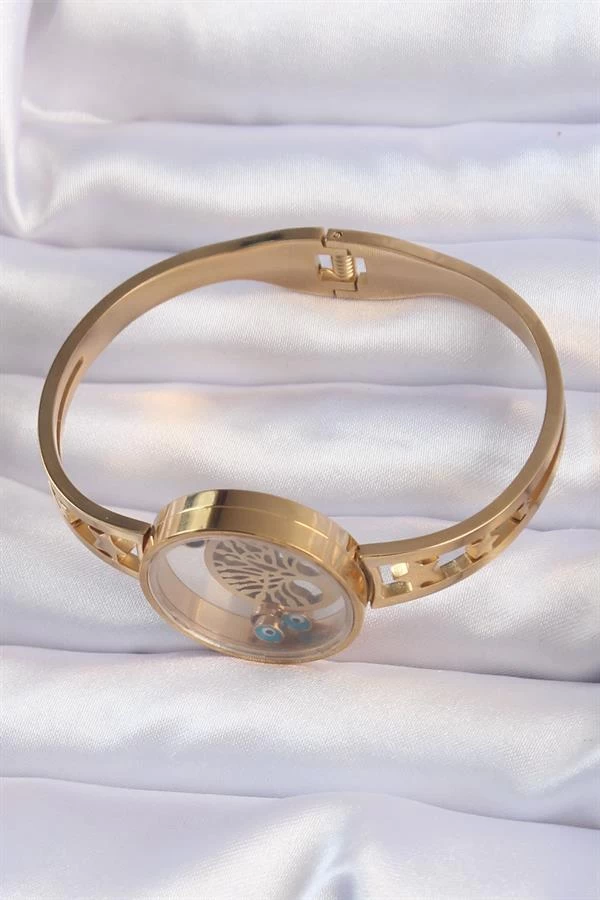 316l Çelik Altın Renk İçi Yaşam Ağacı Ve Nazar Boncuk Figürlü Açılabilir Fanus Kelepçe