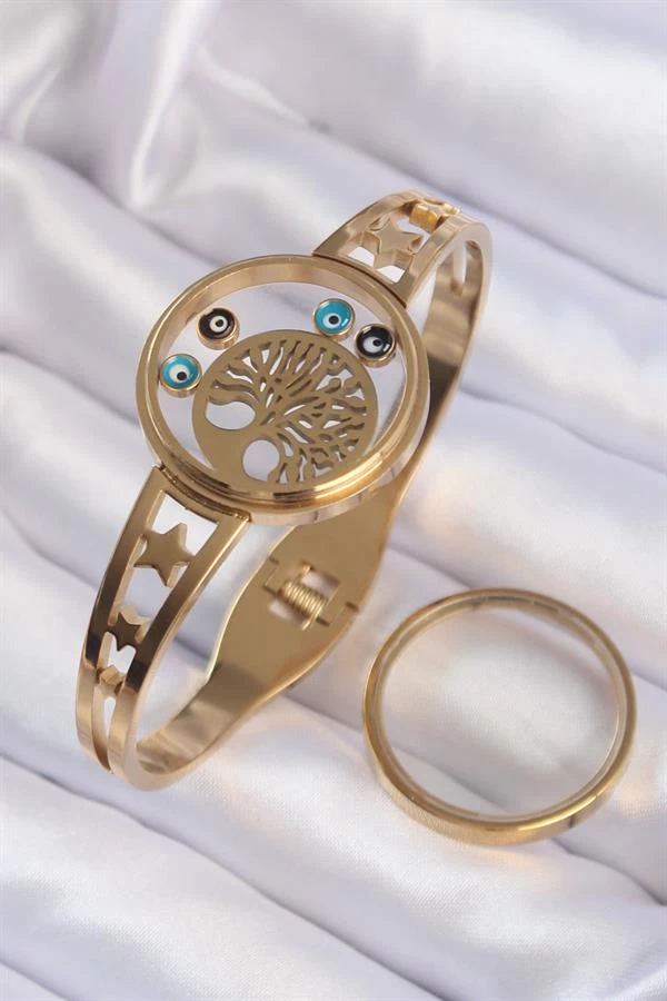 316l Çelik Altın Renk İçi Yaşam Ağacı Ve Nazar Boncuk Figürlü Açılabilir Fanus Kelepçe