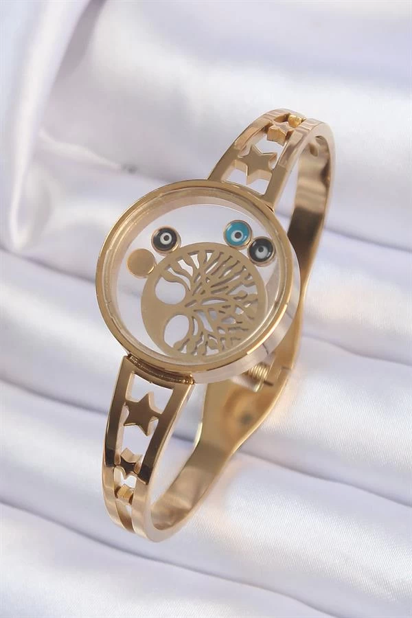 316l Çelik Altın Renk İçi Yaşam Ağacı Ve Nazar Boncuk Figürlü Açılabilir Fanus Kelepçe