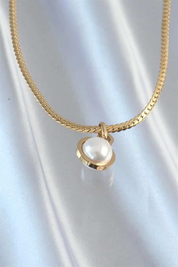 316l Çelik Gold Renk Yassı Zincir İnci Taşlı Kolye