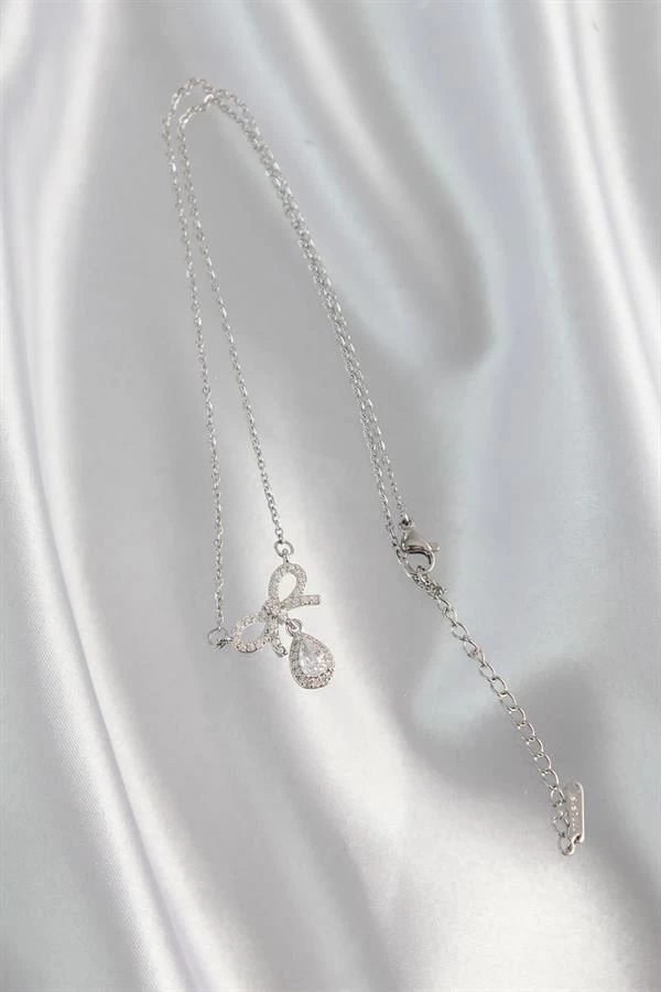 316l Çelik Gümüş Renk Zirkon Taşlı Fiyonk Detay Damla Kolye