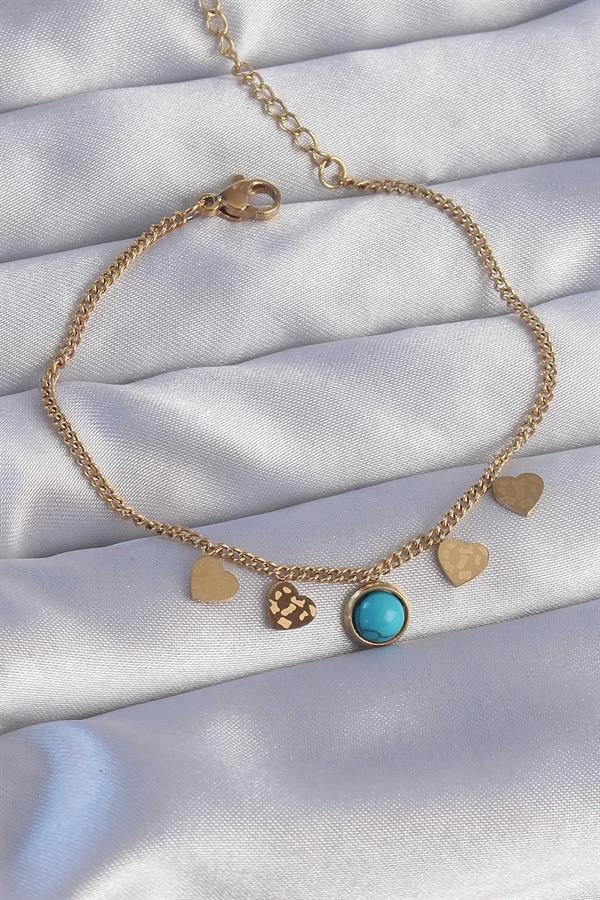 316l Çelik Gold Renk Minimal Kalpli Mavi Taş Detaylı Bileklik