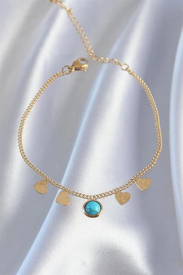 316l Çelik Gold Renk Minimal Kalpli Mavi Taş Detaylı Bileklik