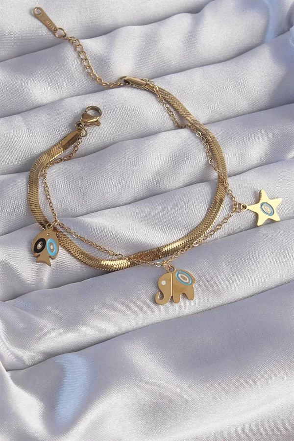 316l Çelik Gold Renk Çift Zincir Çoklu Aksesuarlı Bileklik