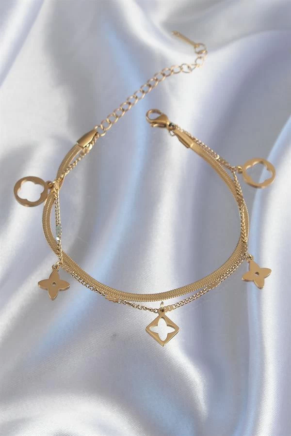 316l Çelik Gold Renk Çift Zincir Yonca Tasarım Bileklik