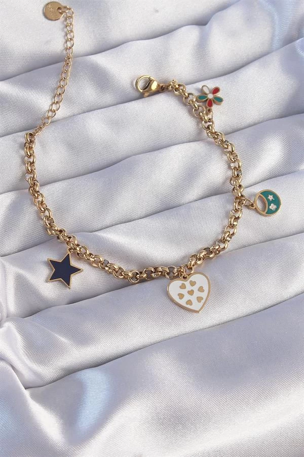 316l Çelik Gold Renk Mineli Çoklu Aksesuar Tasarımlı Zincir Bileklik