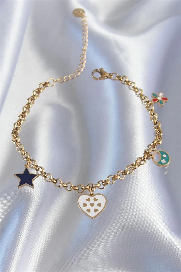 316l Çelik Gold Renk Mineli Çoklu Aksesuar Tasarımlı Zincir Bileklik