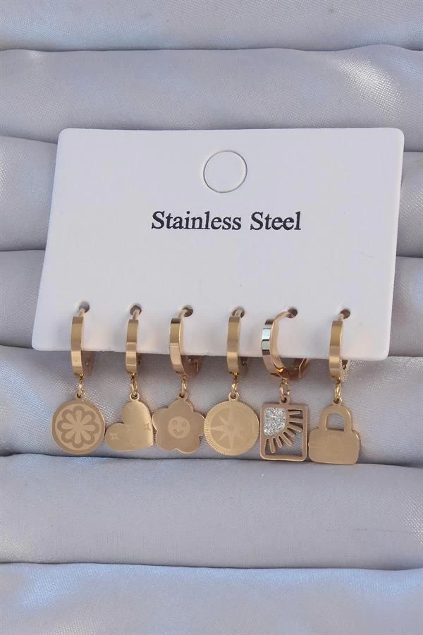 316l Çelik Gold Renk Zirkon Taşlı Çiçek Figürlü Kalp Model Halka Küpe Seti